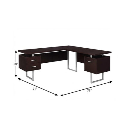 71" Brown and Silver L Shape Computer Desk With Three Drawers