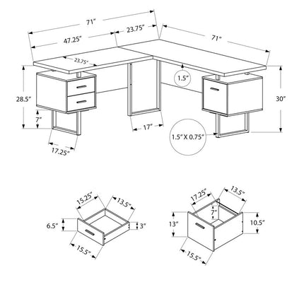 71" Brown and Silver L Shape Computer Desk With Three Drawers