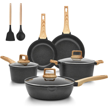 10pcs Non-Stick Granite Cookware Set with Lids - PFAS-Free, Heat-Resistant Handles, Induction Compatible,