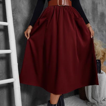 Solid Ruffle Hem Skirt, Elegant Patched Pocket Elastic Waist Loose Midi Skirt For Fall & Winter, Women's Clothing