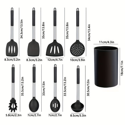 9pcs Silicone Kitchen Set with a Holder, Non-Stick Cookware Featuring Stainless Steel Handles,