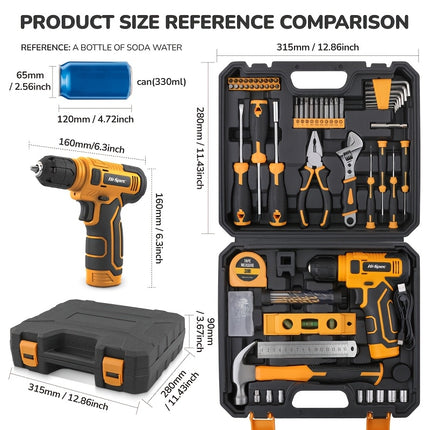 Hi-Spec Yellow 133pcs 8V Power Tool Set USB-Charged Handheld Electric Screwdriver, Tape Measure,
