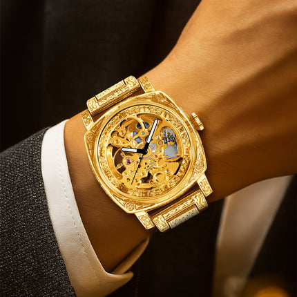 1pc Men's yellow steel strip business style versatile finely carved Roman fully automatic mechanical watch