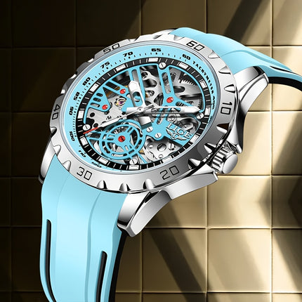 men&women's Automatic Mechanical Watch - Stylish Blue Silicone Strap, Alloy Case,