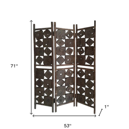 71" Brown Solid Wood Folding Three Panel Screen Room Divider