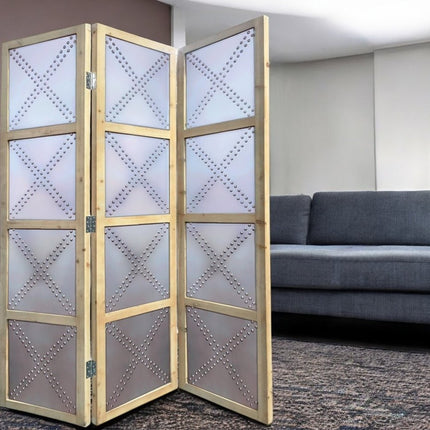 84" Silver Folding Three Panel Screen Room Divider