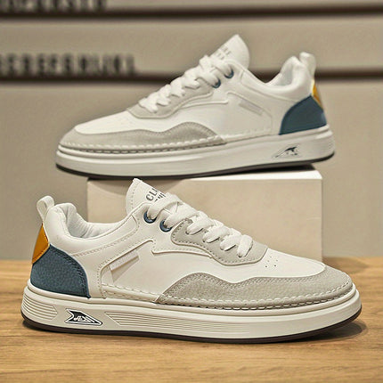 Men's Low-Top Sneakers - White & Light Grey - PU Upper, Cushioned EVA Insole - Lace-Up Closure