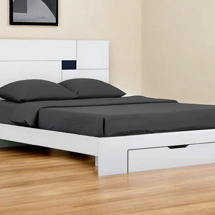 White Wood CA King Platform Bed Frame With Storage Drawer