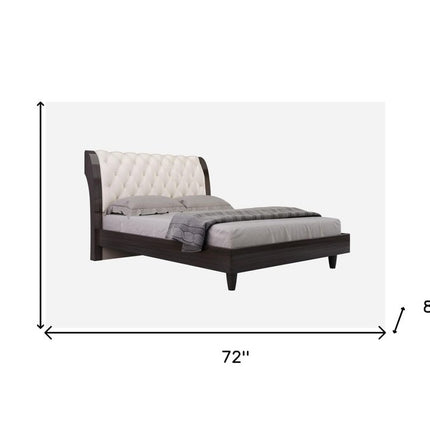 Solid Wood King Tufted Beige Upholstered Faux Leather Bed With Nailhead Trim