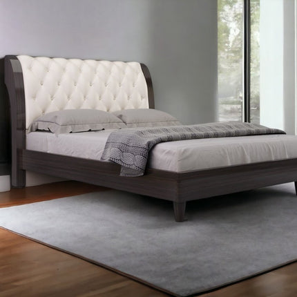 Solid Wood King Tufted Beige Upholstered Faux Leather Bed With Nailhead Trim