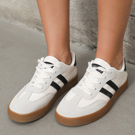 White Striped Lace-up Flat Sneakers