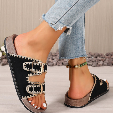 Black Embroidered Trim Retro Buckle Faux Suede Slippers