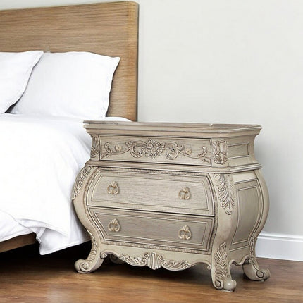 34" Antiqued White Solid Wood Three Drawer Nightstand
