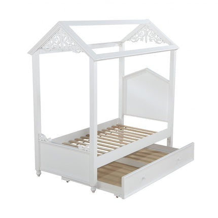 White Wood Twin Canopy Bed Frame