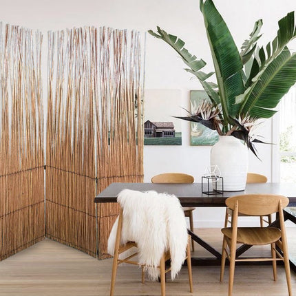 69" Brown Wood and Metal Folding Three Panel Screen Room Divider