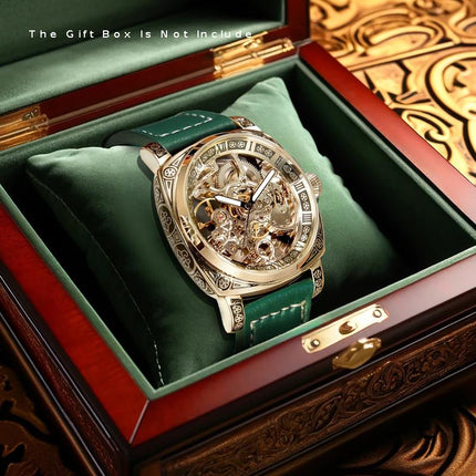 1pc Men'S Luxury Mechanical Watch with Green PU Strap - Automatic Winding Movement