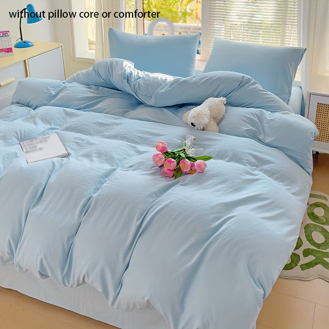 3pcs Simple 90g Brushed Polyester Solid Color Double Layer Duvet Cover Set with One Comforter and Two Pillowcases Blue