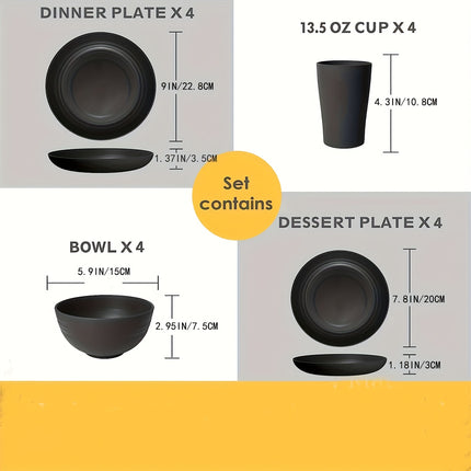 Premium Family Outdoor Dinnerware Set  16 Unbreakable Pieces, Microwave - and Dishwasher 4 Bowls and 4 Cups