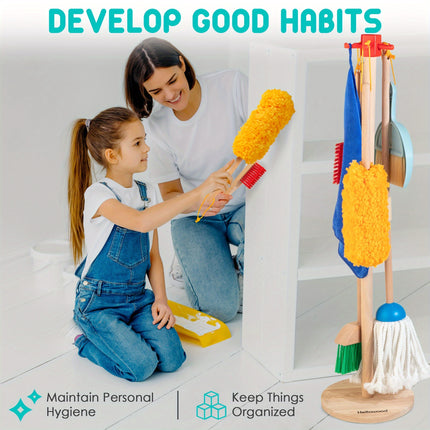 8pcs Wooden Housekeeping Pretend Play Set for Kids, Extended Mop&Broom