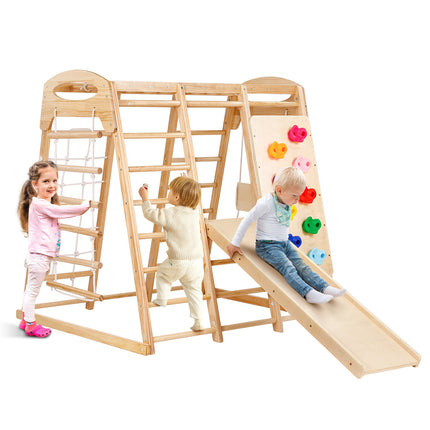 Indoor Jungle Gym, 7-in-1 Toddler Indoor Playground, Wooden Toddler Climbing Toys Indoor with Wood & Rope Ladder, Net Ladder, Swing, Monkey Bar, Slide, Climbing Wall, 47.2 x 58 x 56in