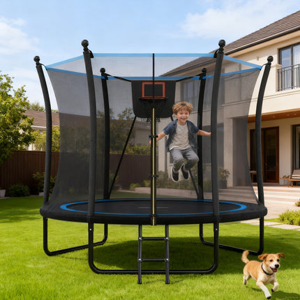 8FT Trampoline with Enclosure net and Ladder, Outdoor Trampoline for Kids and Toddlers, Backyard Recreational Trampoline