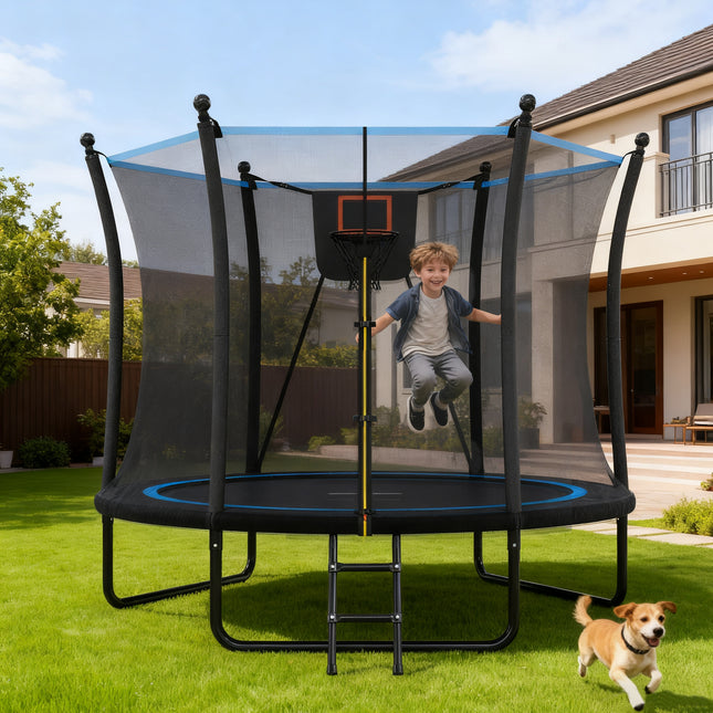 8FT Trampoline with Enclosure net and Ladder, Outdoor Trampoline for Kids and Toddlers, Backyard Recreational Trampoline