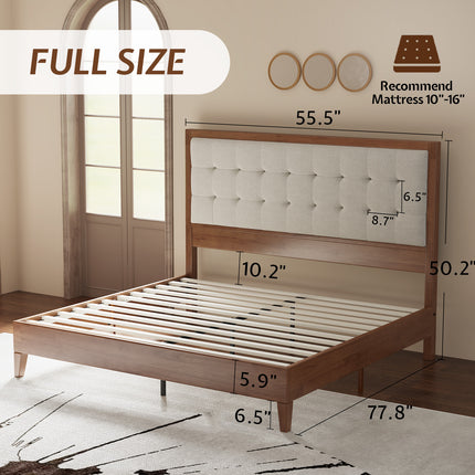 Wooden Bed Frame, High Upholstered Tufted Headboard, Sturdy Wood Platform, No Box Spring Required