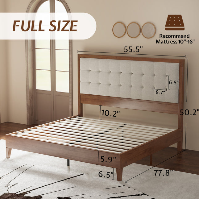 Wooden Bed Frame, High Upholstered Tufted Headboard, Sturdy Wood Platform, No Box Spring Required