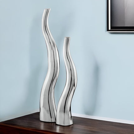 Set of Two Silver Aluminum Squiggly Vases
