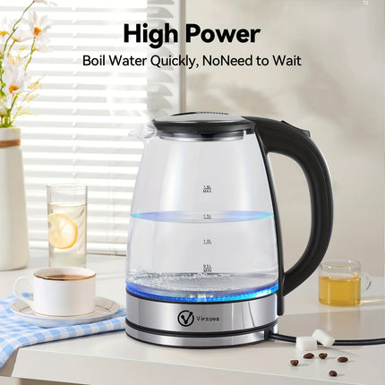 60.87oz Blue Glass Intelligent Electric Water Heater for Home Use, Instant Boil with Automatic Power Cut