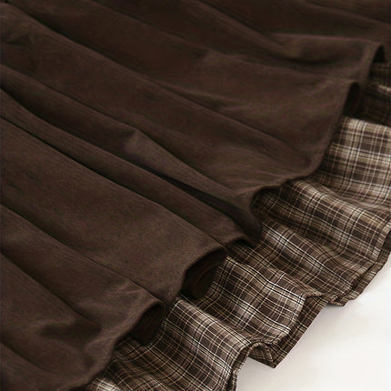 A Thick Patchwork Midi Skirt with a Pocket, Featuring a Corduroy Checkered Design And a Tie