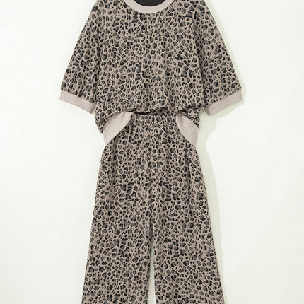 Khaki Jacquard Leopard Half Sleeve Jumper Wide Leg Pant Set