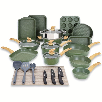 12/17/30 Pieces Induction Kitchen Cookware Set, Granite Coating Cooking Pans Set (Black, Green)