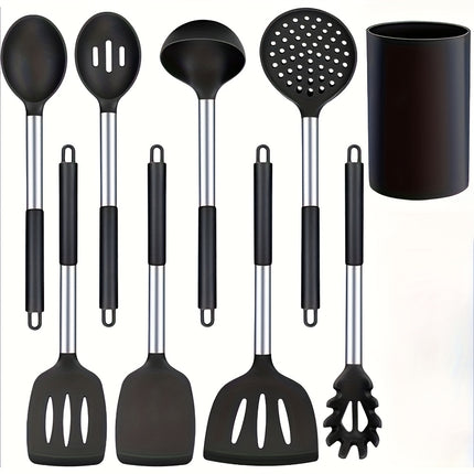9pcs Silicone Kitchen Set with a Holder, Non-Stick Cookware Featuring Stainless Steel Handles,