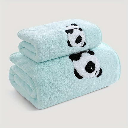 2pcs Soft and Absorbent Panda Hand Towel and Bath Towel Set