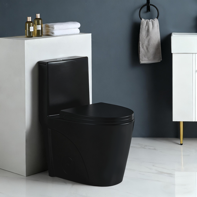 One-Piece Toilet, 1.1/1.60 GPF Water-Efficient Dual-Flush Elongated Comfort Height Floor Mounted, Standard-Size Toilet with Soft Closing Seat Included, Matte Black CM-24T01-MB