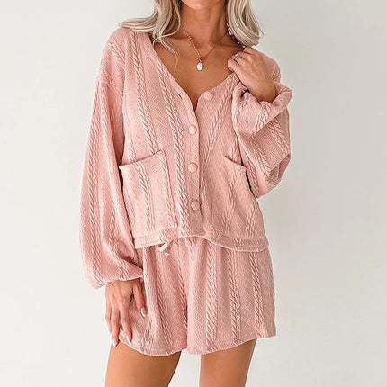 Gossamer Pink Cable Knit V Neck Cardigan Shorts Set