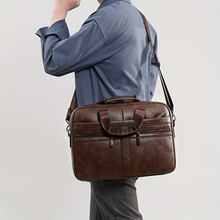 Men'S Vintage Multi-Zip Business Briefcase, 14-Inch Laptop Bag, Shoulder And Hand-Held Bag
