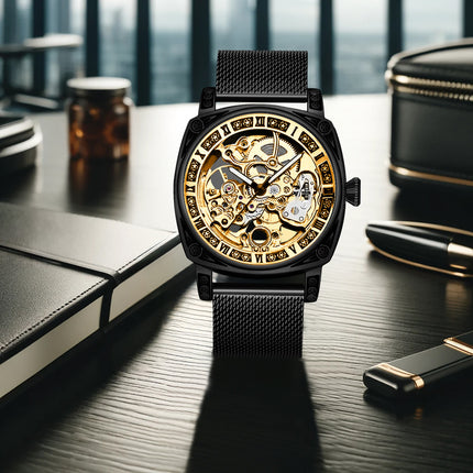 1pc Men'S Yellow Black Mesh Strap Simple Style Novel Carving Fully Automatic Tourbillon Hollow