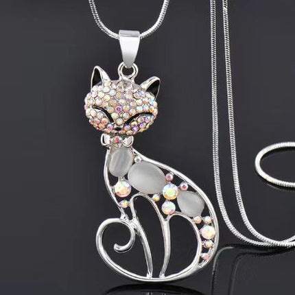 Cute Crystal Shining Diamond Opal Cartoon Fox Cat Necklace