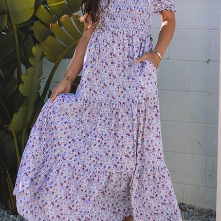 Purple Floral Short Bubble Sleeve Shirred High Waist Maxi Dress