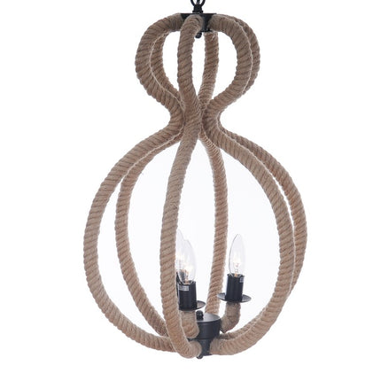 Natural and Black Iron and Rope Three Light Ceiling Light