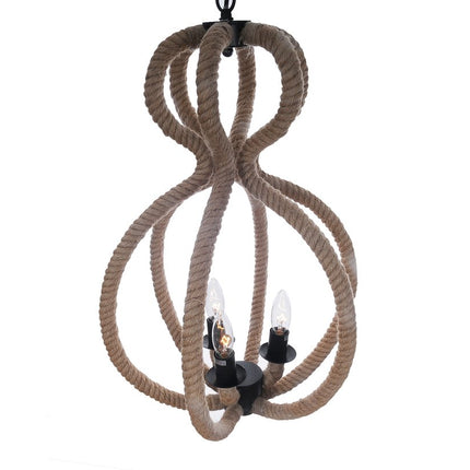 Natural and Black Iron and Rope Three Light Ceiling Light
