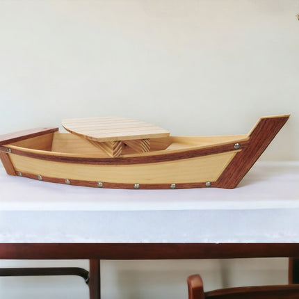 17" Natural and Brown Wood Sushi Boat Serving Tray
