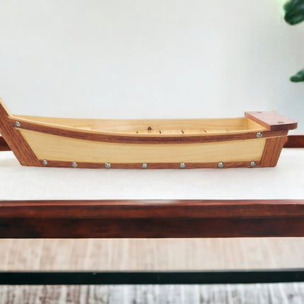 17" Natural and Brown Wood Sushi Boat Serving Tray