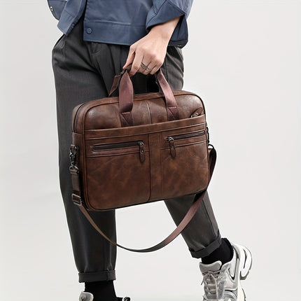 Men'S Vintage Multi-Zip Business Briefcase, 14-Inch Laptop Bag, Shoulder And Hand-Held Bag