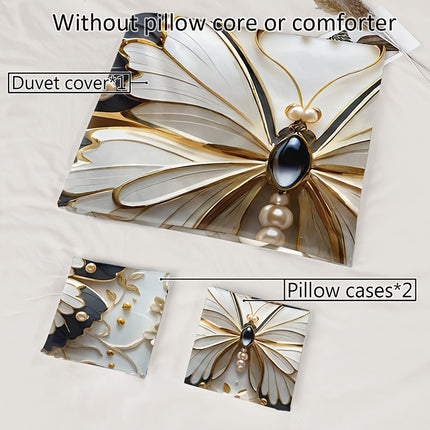 3pcs Butterfly Floral Duvet Cover Set, Animal Print, Insect Theme, Breathable Polyester, All-Season, Machine Washable, with 1 Duvet Cover and 2 Pillowcases, Digital Print Craftsmanship, No Insert for Bedding