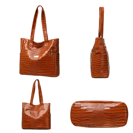 Women's preferred large-capacity tote: elegant, solid-color, crocodile-patterned PU bag with secure zipper