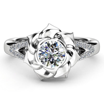 European And American Floral Plated Platinum Zircon Womens Ring