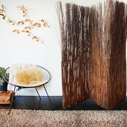 84" Brown Rattan Folding Three Panel Screen Room Divider